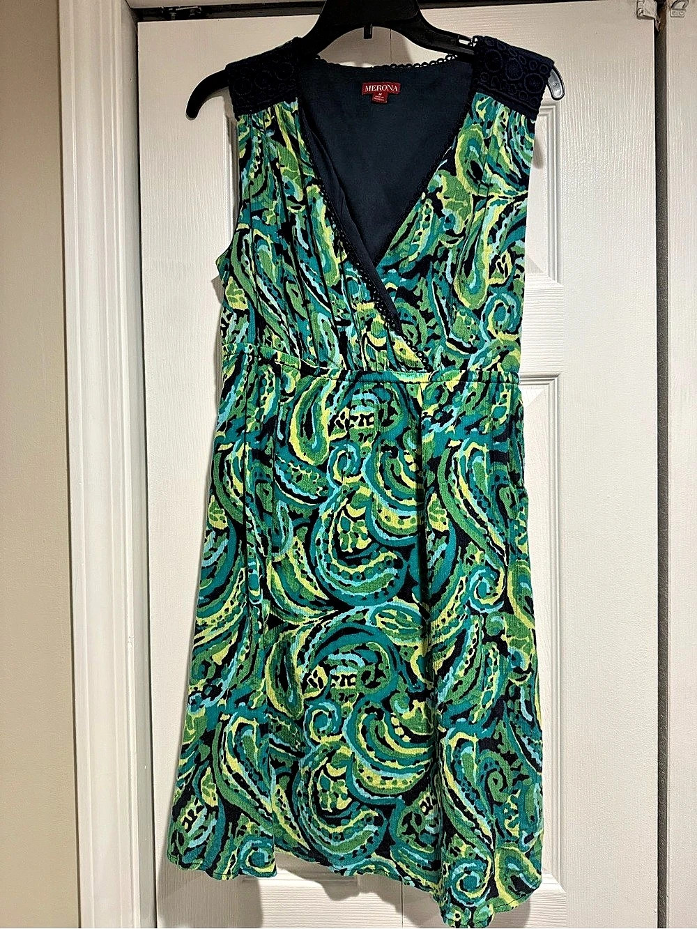 Merona Green & Navy Paisley Faux-Wrap Midi Dress Medium